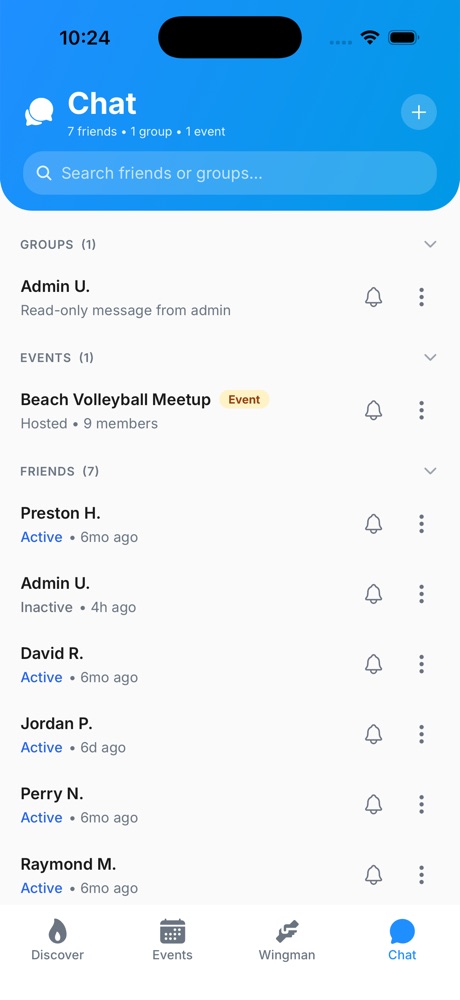 Chat list — friends, a group and an event